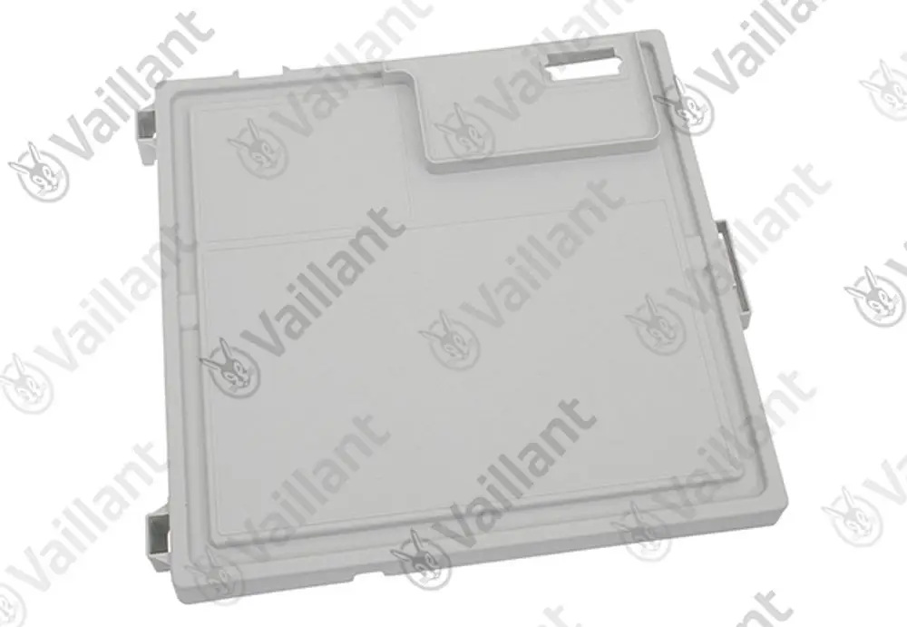 Vaillant Produktabdeckung in hellgrauer Farbe, quadratische Form mit Aussparungen und Halterungen an der Seite.